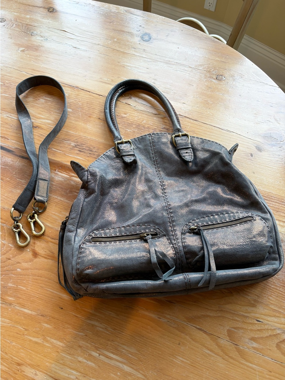 Distressed Black Leather Shoulder Bag with Removable Strap